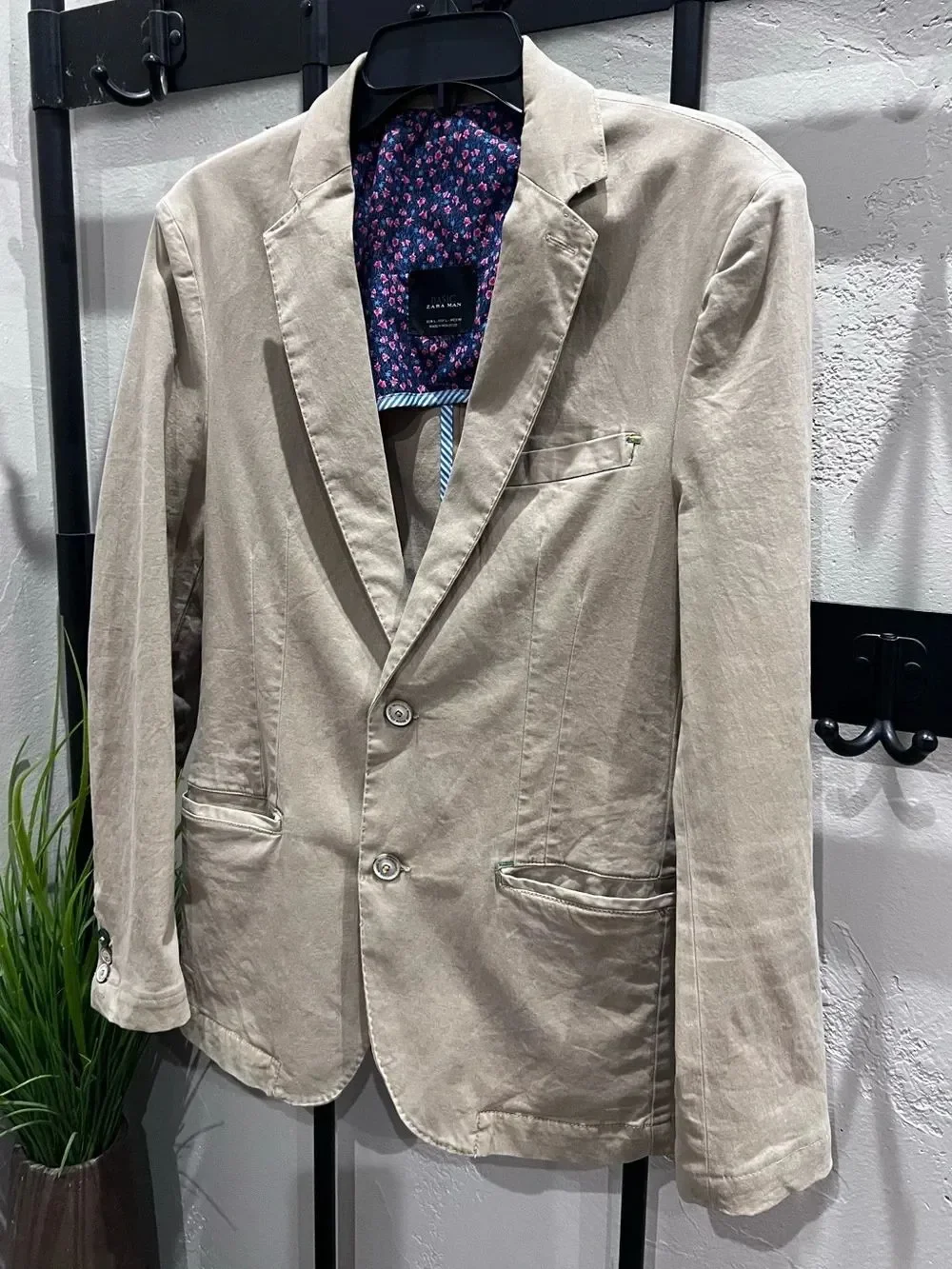 Zara Man Blazer Cotton Denim Tan Khaki Size Large